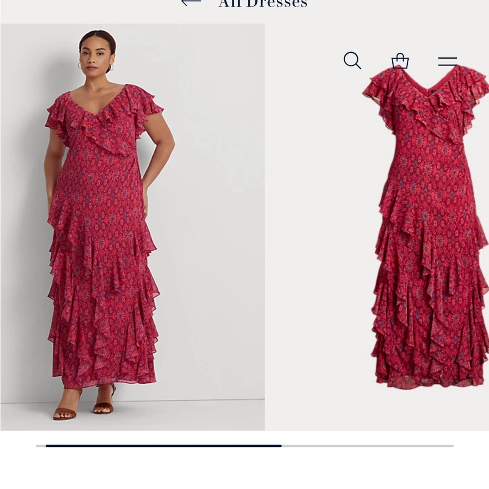 Lauren by Ralph Lauren Geo-Print Ruffle-Trim Georgette Gown